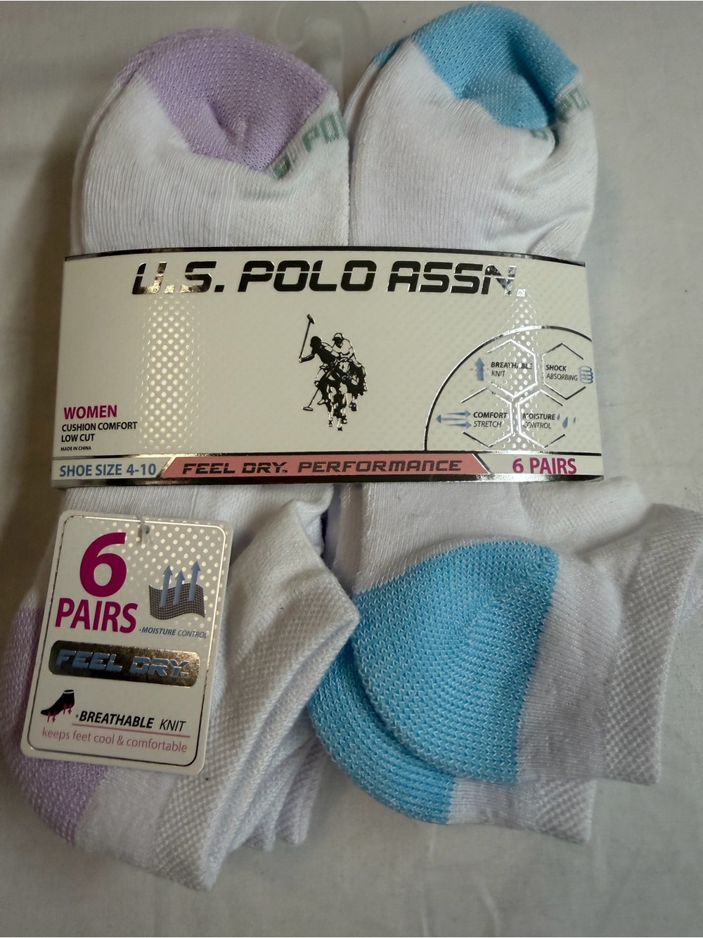 U.S. Polo Assn. Women's Low Cut Socks - White with Blue & Lavender Accents